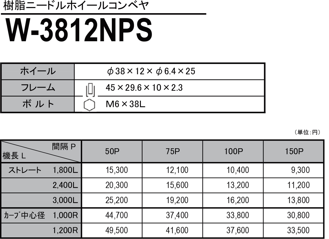 W-3812NPS　樹脂ニードルホイールコンベヤ　ホイールコンベヤ　価格表
