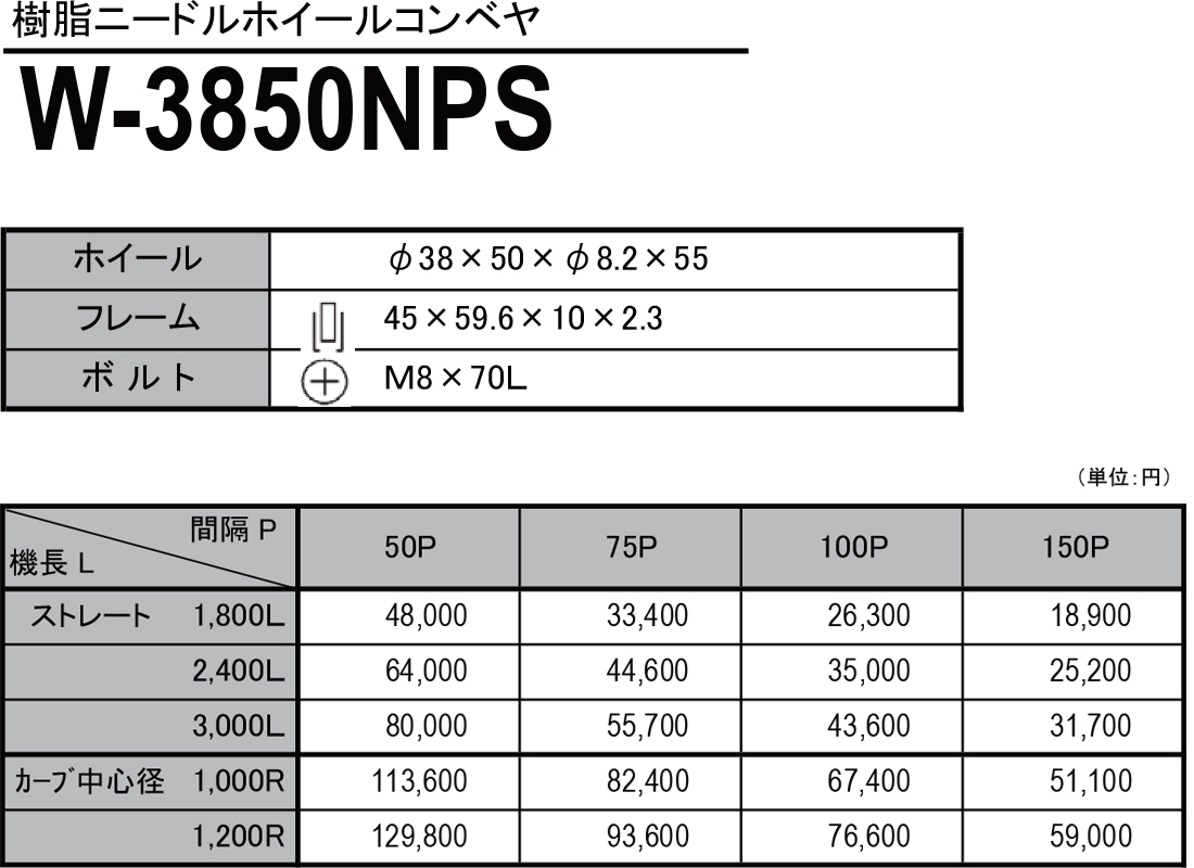 W-3850NPS　樹脂ニードルホイールコンベヤ　ホイールコンベヤ　価格表