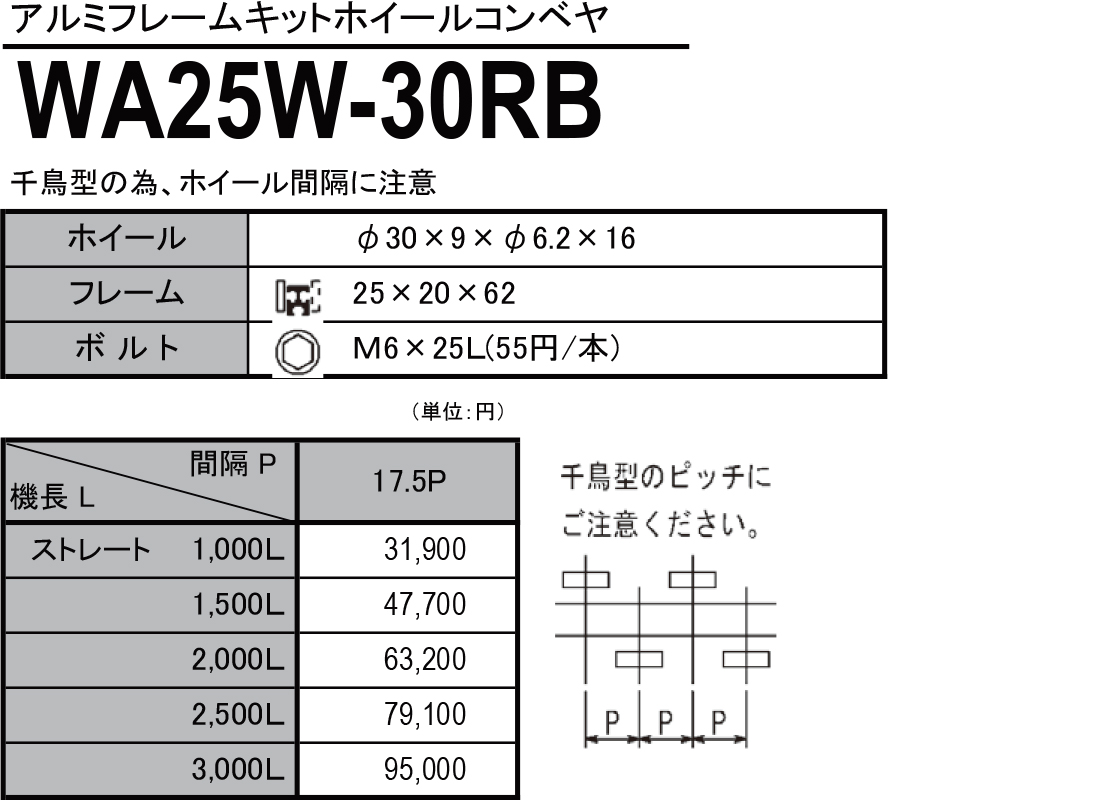 WA25W-30RB　アルミフレームキットホイールコンベヤ　ホイールコンベヤ　価格表