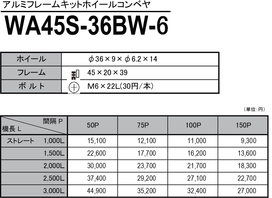 WA45S-36BW-6　アルミフレームキットホイールコンベヤ　ホイールコンベヤ　価格表