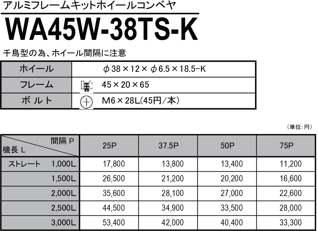 WA45W-38TS-K　アルミフレームキットホイールコンベヤ　ホイールコンベヤ　価格表