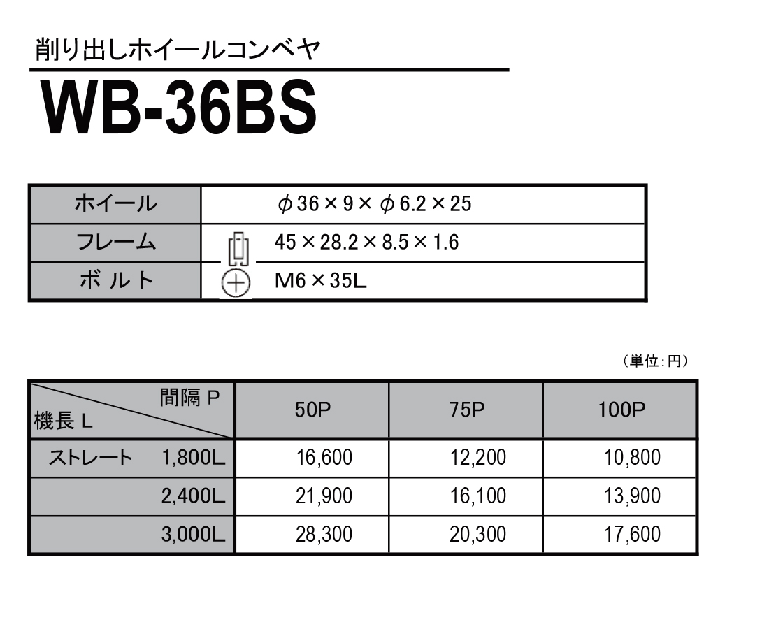 WB-36BS　削り出しホイールコンベヤ(スチール製）　ホイールコンベヤ　価格表