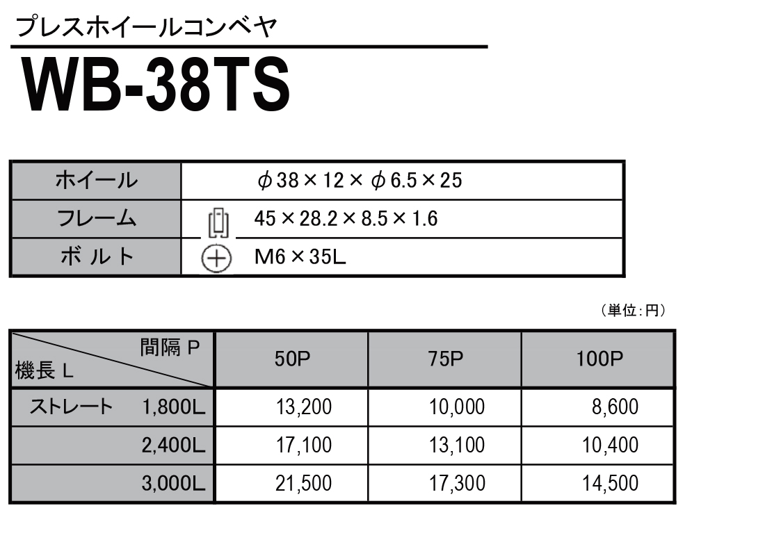 WB-38TS　プレスホイールコンベヤ(スチール製）　ホイールコンベヤ　価格表