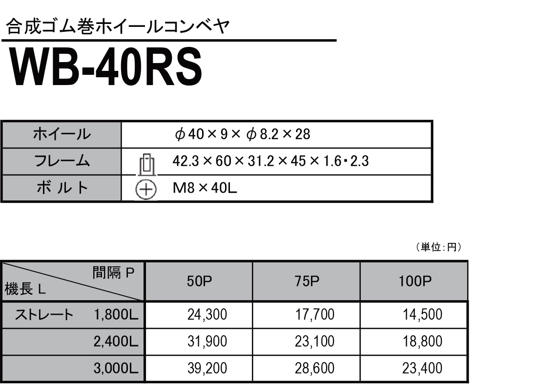WB-40RS　合成ゴム巻ホイールコンベヤ　ホイールコンベヤ　価格表