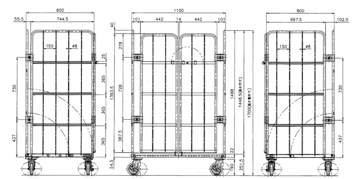 ロールボックスパレット カゴ台車 MJK-S5 ツードアタイプ 観音扉タイプ