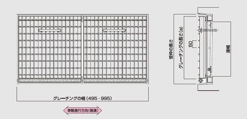 図面　グレーチング　LNRY 流雪溝用　JISタイプ　自由勾配側溝用　普通目　ノンスリップ　LSハイテングレーチング