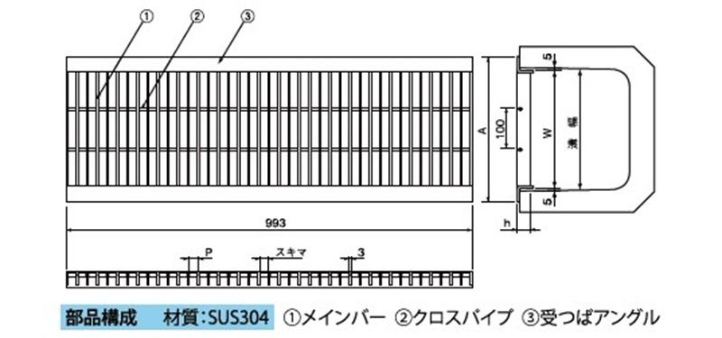 3PGU-3PRU U字溝用みぞぶた ステンレスグレーチング