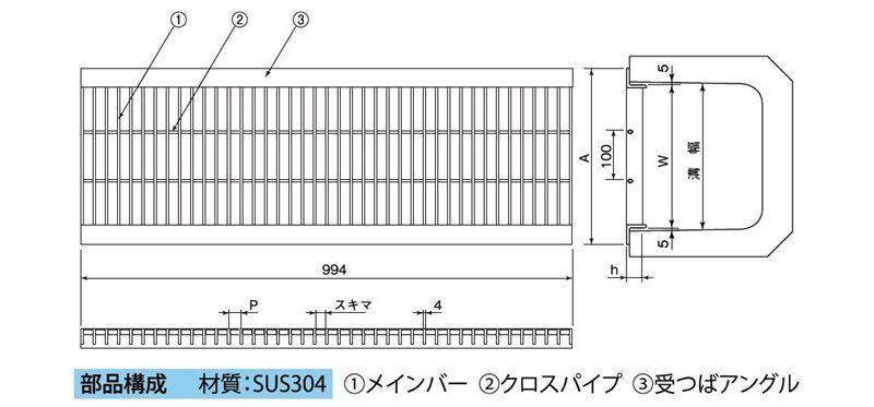 4PGU-4PRU U字溝用みぞぶた ステンレスグレーチング
