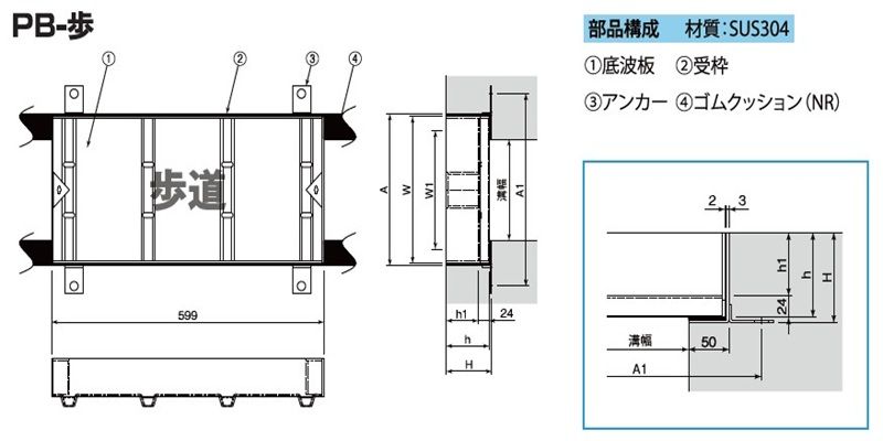 PB14-PB2-PBH カラー舗装用化粧みぞぶた(スリット無) ステンレスグレーチング