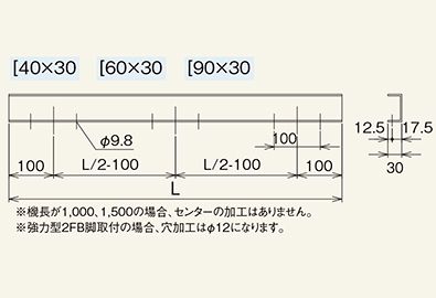 Mシリーズ　フレーム加工　脚取付穴　[40×30　[60×30　[90×30　スチール製グラビティローラコンベヤ(Mシリーズ)