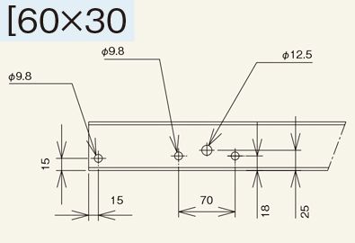 Mシリーズ　フレーム加工　連結穴寸法　支手穴寸法　[60×30　スチール製グラビティローラコンベヤ(Mシリーズ)