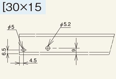 Mシリーズ　フレーム加工　連結穴寸法　支手穴寸法　[30×15　スチール製グラビティローラコンベヤ(Mシリーズ)