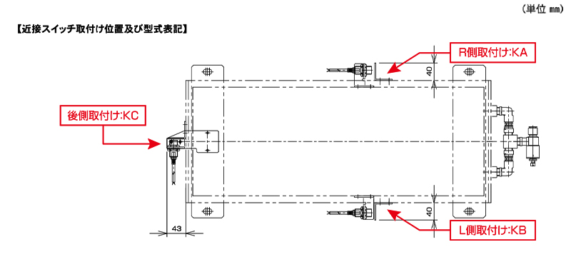 近接スイッチ取付け位置及び型式表記　ALB-HB-1100WN　平行リンク付エアーリフト　ストローク：45㎜　超重荷重タイプ　下降速度調整機能付　全長1100L