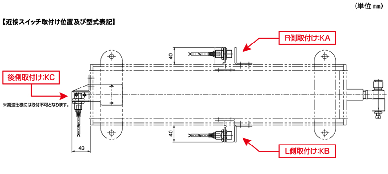 近接スイッチ取付け位置及び型式表記　ALB-HB-1900N　平行リンク付エアーリフト　ストローク：45㎜　重荷重タイプ　下降速度調整機能付　全長1900L