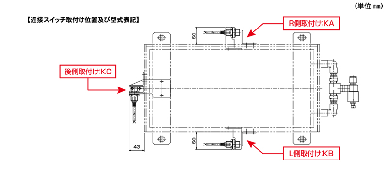 近接スイッチ取付け位置及び型式表記　ALB-TBL-1700WN　平行リンク付エアーリフト　ストローク：30㎜　重荷重タイプ　下降速度調整機能付　全長1700L