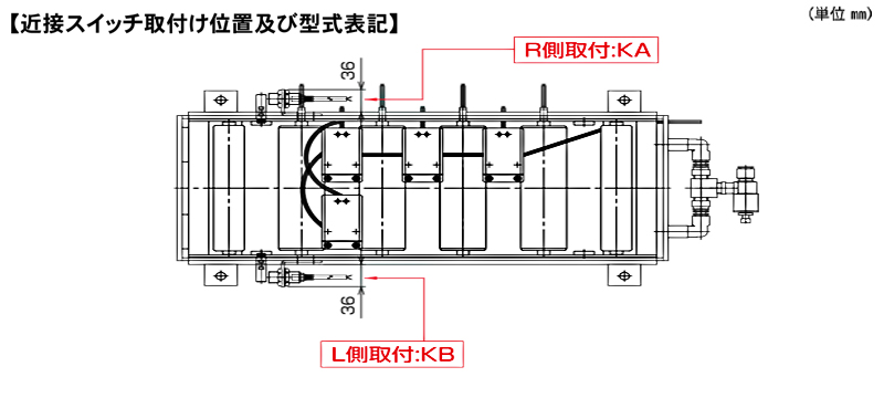 近接スイッチ取付け位置及び型式表記　ALR-PR-571508D　ローラ付タイプエアーリフト　ストローク：30㎜　中荷重タイプ　下降速度調整機能付　全長1508L