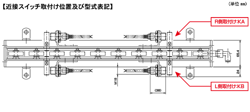 近接スイッチ取付け位置及び型式表記　ALW-361808　ホイール付タイプエアーリフト　ストローク：20㎜　軽荷重タイプ　全長1808L