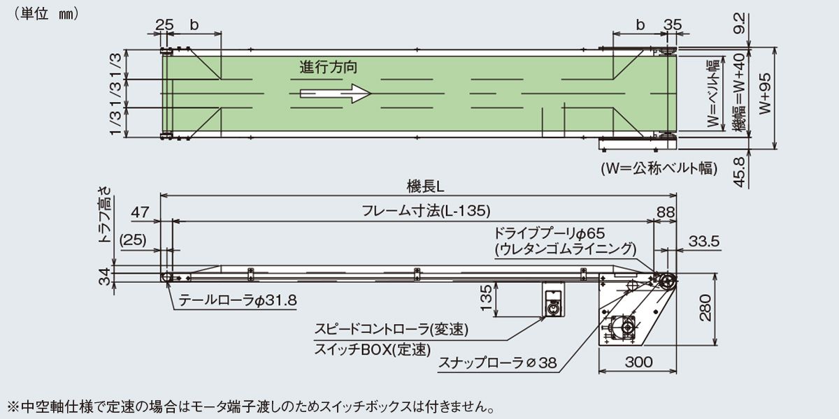 マキテック ベルトコンベヤベルゴッチ(短機長)JGI 幅100機長3M変速 TYPE34-JGI-100-3000-H10-B40 