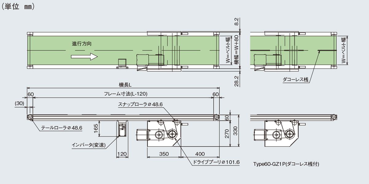 図面　Type60-SZ1P　Type60-GZ1P　ベルゴッチ　ミニベルト　ベルトコンベヤ