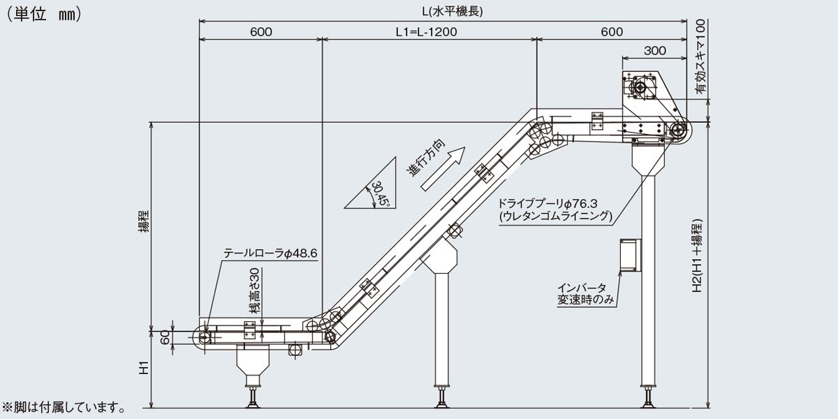 側面図　Type60-ZD2P　ベルゴッチ　ミニベルト　ベルトコンベヤ