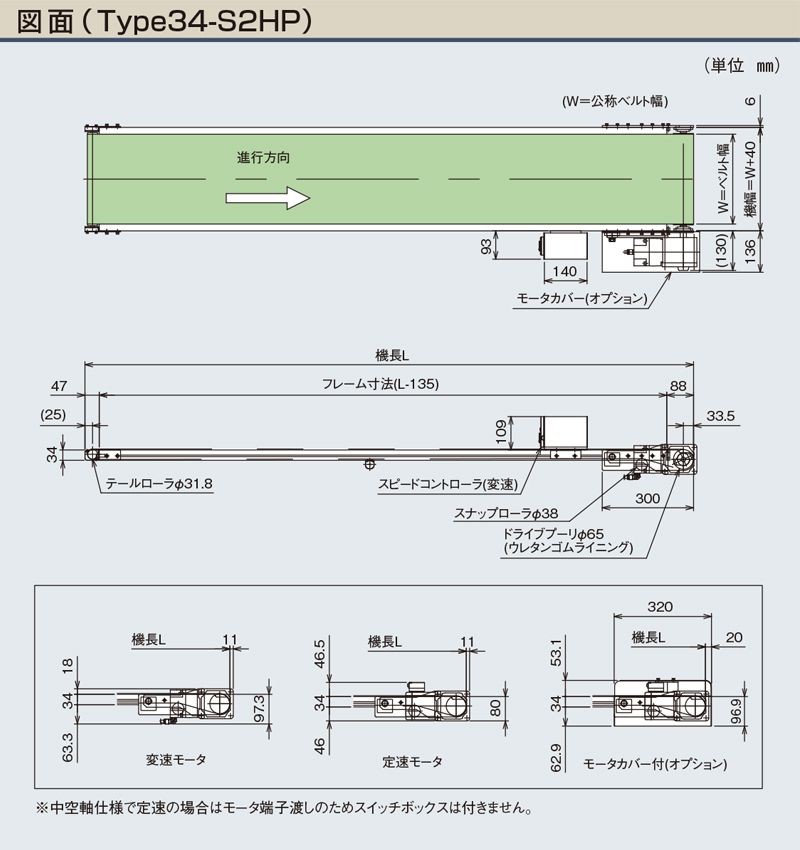 図面　中空軸タイプ　Type34-S2HP　ベルゴッチ　ミニベルト　ベルトコンベヤ