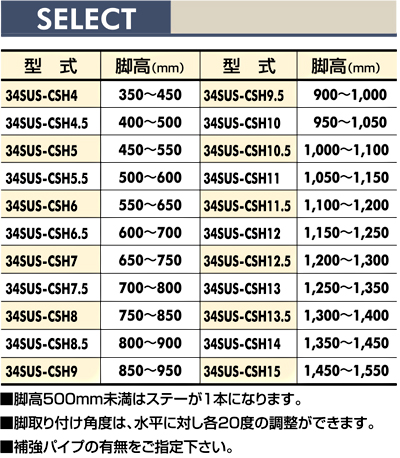 脚高一覧　34SUS-CSH　脚　スタンド　Type34フレーム用　Type40フレーム用　ModeL34フレーム用　ベルゴッチ（ミニベルト）