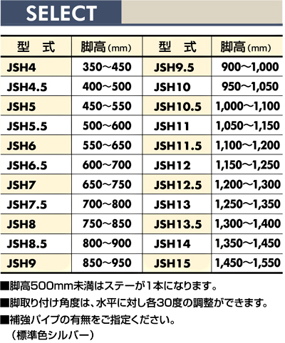 脚高一覧　JSH　脚　スタンド　Type90フレーム用　ベルゴッチ（ミニベルト）