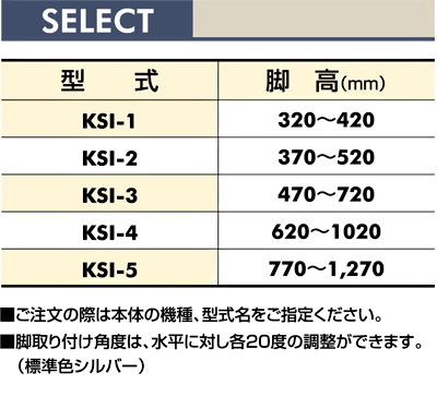 脚高一覧　KSI　脚　スタンド　Type12フレーム用　Type34フレーム用　ベルゴッチ（ミニベルト）