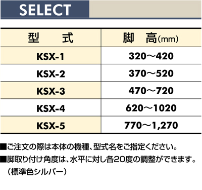 脚高一覧　KSX　脚　スタンド　Type12フレーム用　Type34フレーム用　ベルゴッチ（ミニベルト）