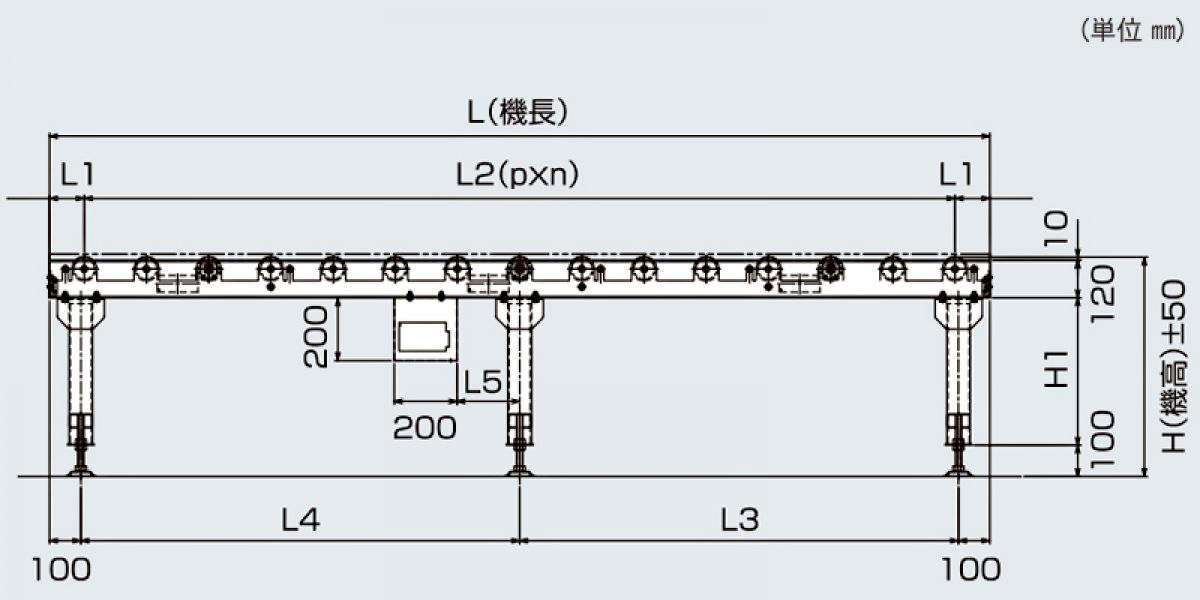 TS スチールローラコンベヤφ25.4-W100XP50X2000L ( LS25-100520 ) (株