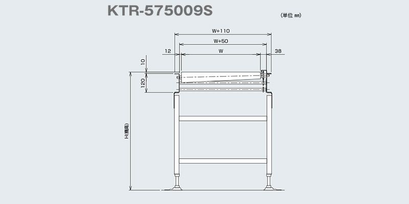 図面　側面図　KTR-575009S　KTR-S チェーン内駆動テーパーローラコンベヤ　駆動コンベヤ