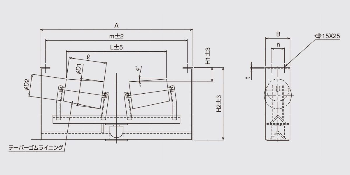 図面　KART-450　ベルトコンベヤ用ローラ　T型自動調芯リターンローラセット　ベルト巾450㎜　キャリヤローラ　コンベヤ
