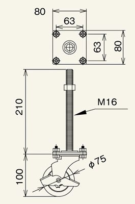 図面　Φ75　アジャストボルト付キャスター（自在車ブレーキ付き/ゴム車輪）　コンベヤ用キャスター