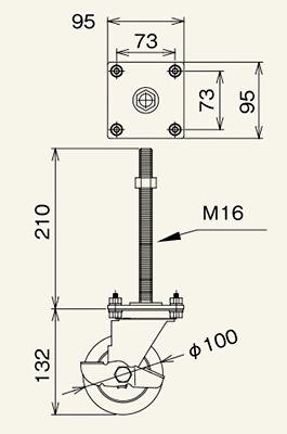 図面　Φ100　アジャストボルト付キャスター（自在車ブレーキ付き/ゴム車輪）　コンベヤ用キャスター