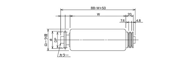 特殊駆動ローラ　スプロケット＋Vプーリー付ローラ　図面　コンベヤ用ローラ　グラビティローラコンベヤ