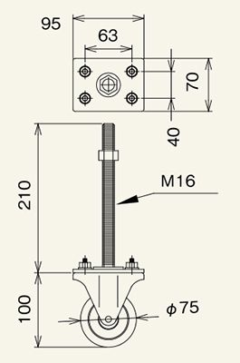 コンベヤスタンド用キャスター　固定車Φ75　図面　スチール製グラビティローラコンベヤ(Mシリーズ)