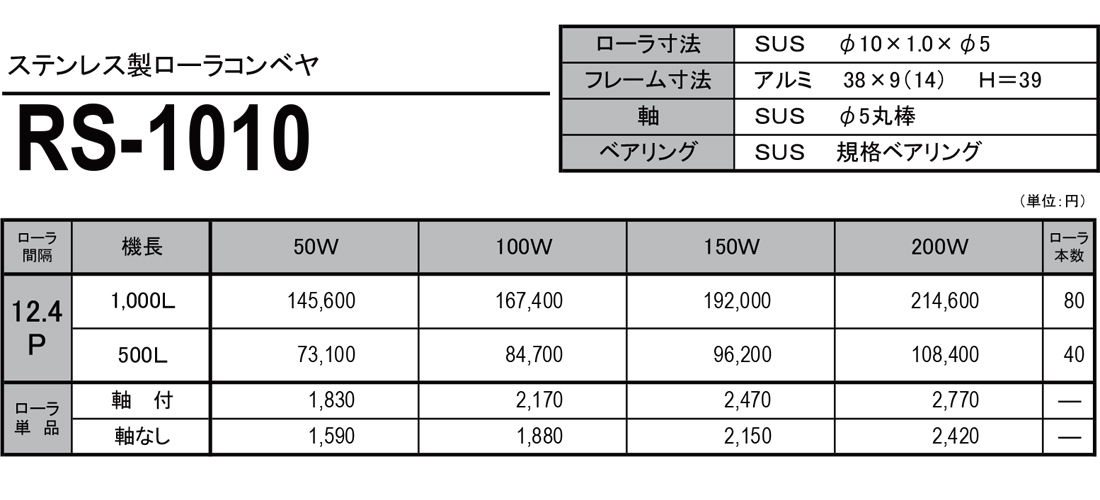 ステンレス製ローラコンベヤ　RS　RS-1010　価格表