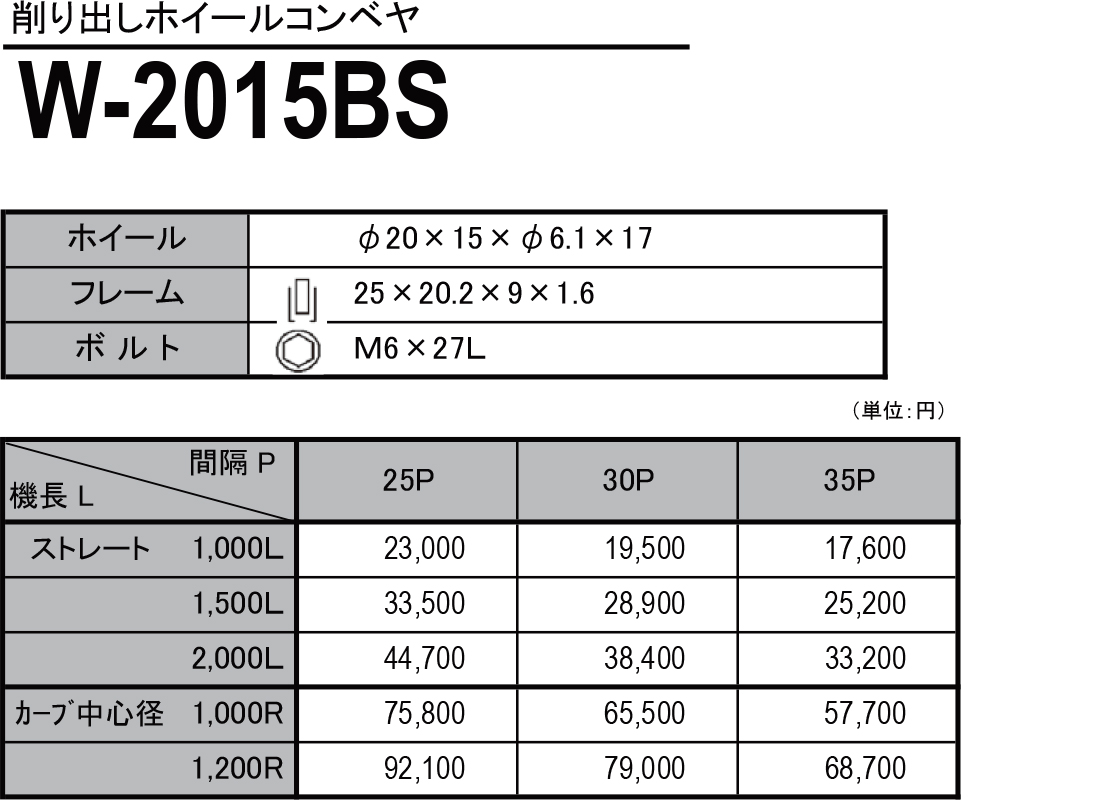 W-2015BS　削り出しホイールコンベヤ(スチール製）　ホイールコンベヤ　価格表