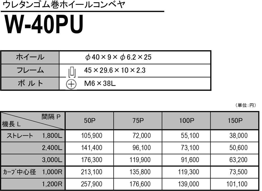 W-40PU　ウレタンゴム巻ホイールコンベヤ　ホイールコンベヤ　価格表