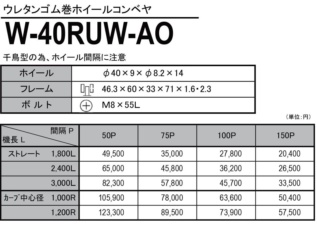 W-40RUW-AO　ウレタンゴム巻ホイールコンベヤ　ホイールコンベヤ　価格表