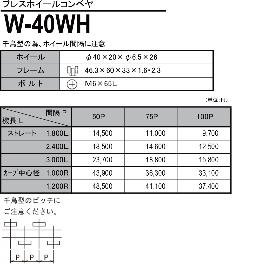 W-40WH　プレスホイールコンベヤ(スチール製）　ホイールコンベヤ　価格表