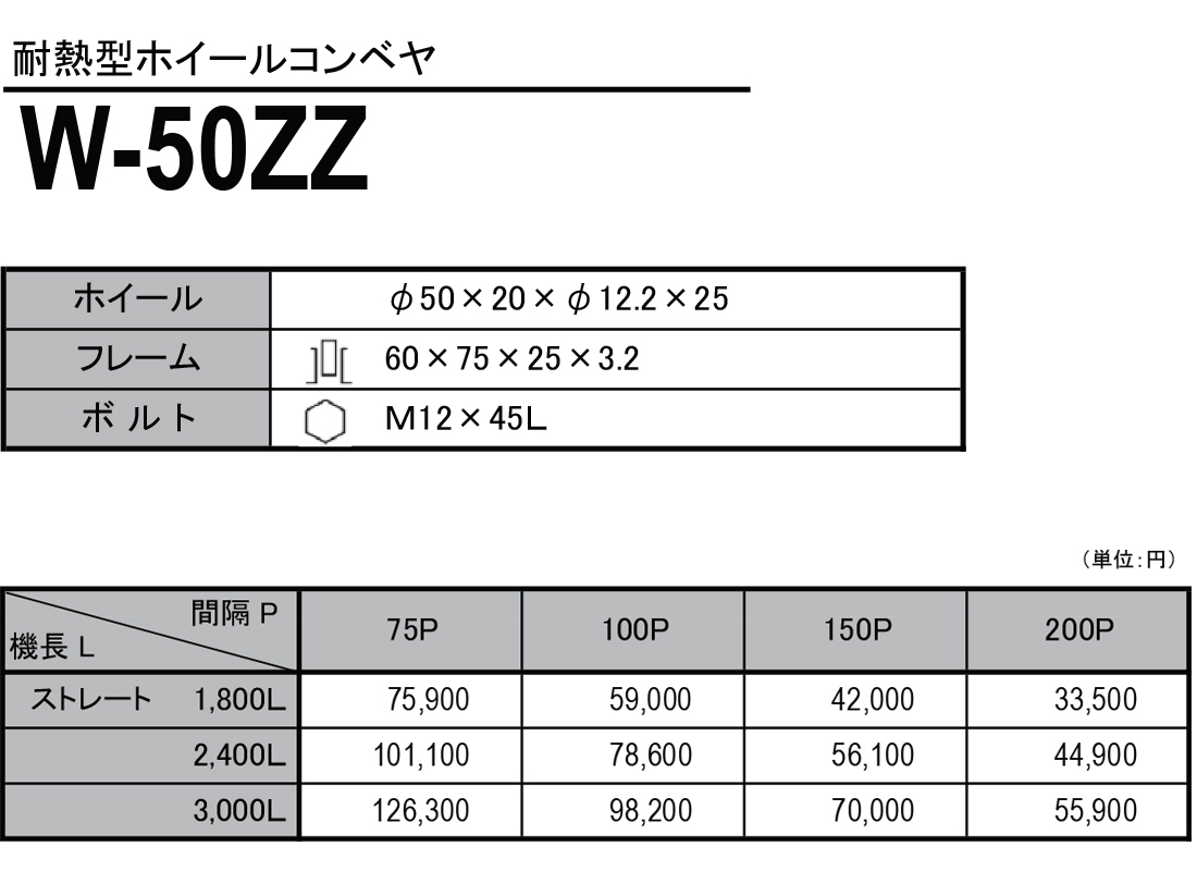 W-50ZZ　耐熱型ホイールコンベヤ　ホイールコンベヤ　価格表