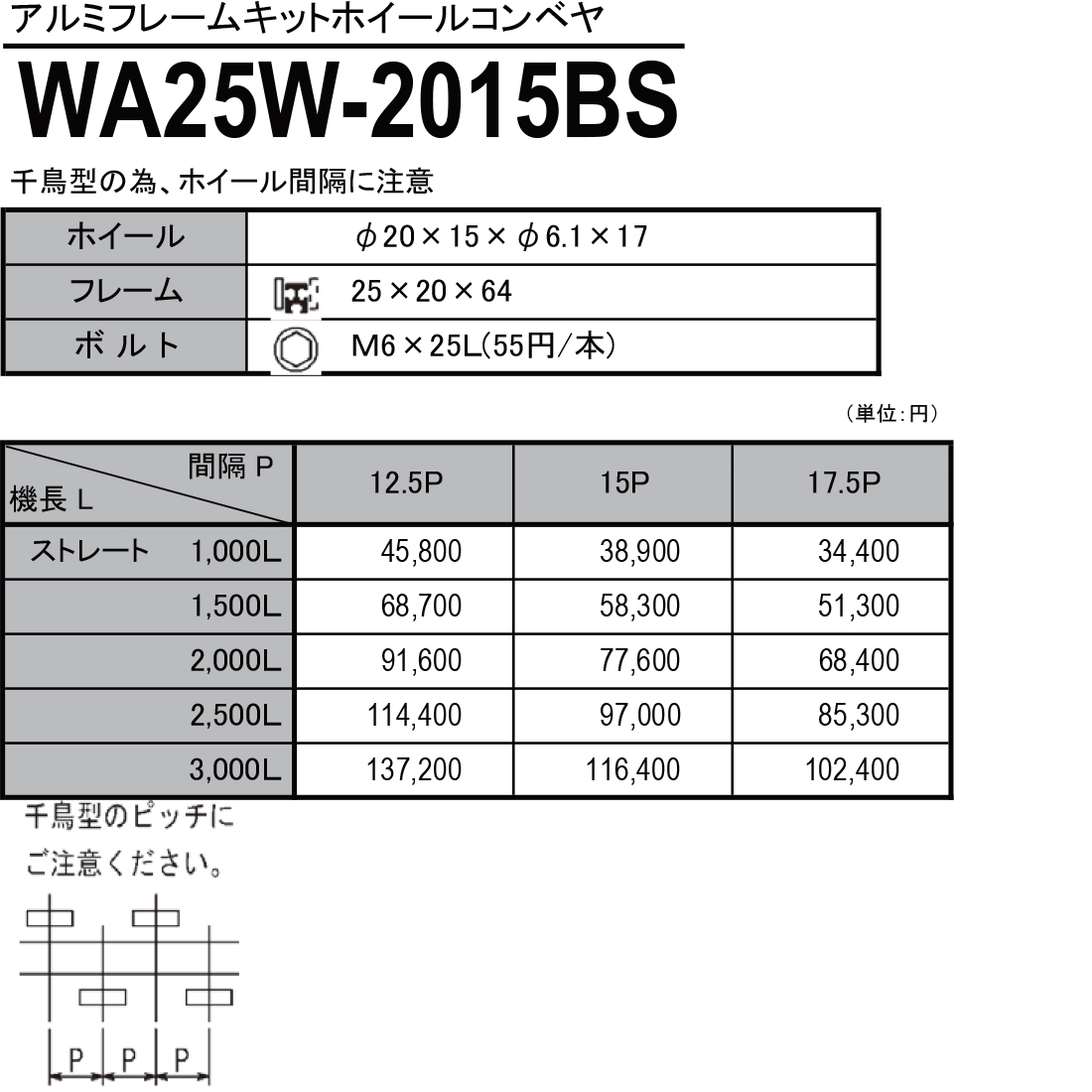 WA25W-2015BS　アルミフレームキットホイールコンベヤ　ホイールコンベヤ　価格表