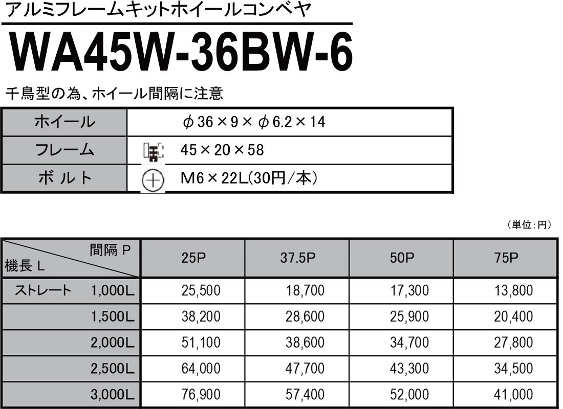 WA45W-36BW-6　アルミフレームキットホイールコンベヤ　ホイールコンベヤ　価格表