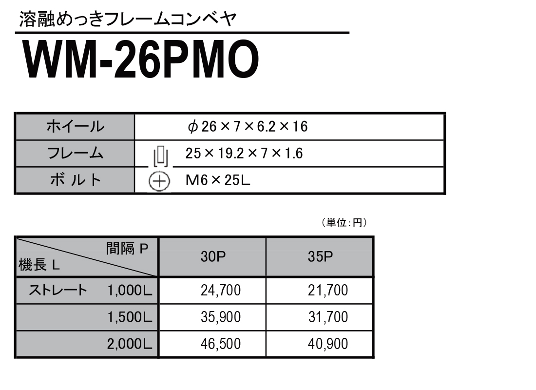 WM-26PMO　溶融めっきフレームコンベヤ　ホイールコンベヤ　価格表