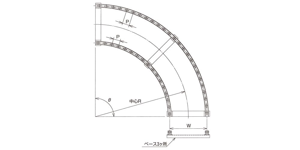 グラビティコンベヤ　特殊カーブ（カーブコンベヤ）　ホイールコンベヤ　算出方法