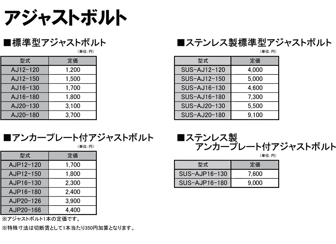 アジャストボルト　ローラコンベヤ用スタンド(Mシリーズ用）　価格表