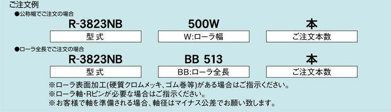 注文例　R-3823NB　コンベヤ用ローラ　グラビティローラコンベヤ　スチール製ローラ