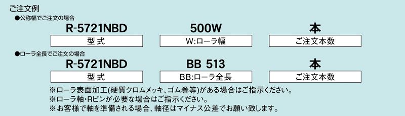 注文例　R-5721NBD　コンベヤ用ローラ　グラビティローラコンベヤ　スチール製ローラ