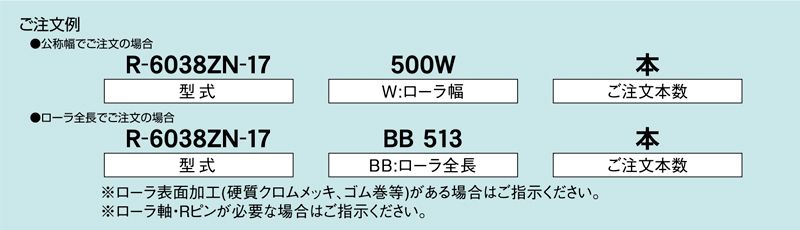 注文例　R-6038ZN-17　コンベヤ用ローラ　グラビティローラコンベヤ　スチール製ローラ